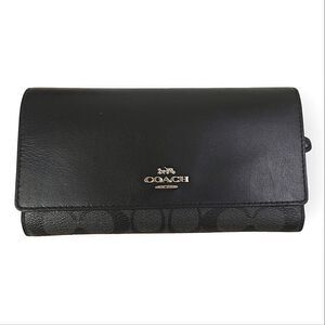 COACH CC LOGO CANVAS BLACK GENUINE LEATHER LONG WALLET PURSE CLUTCH